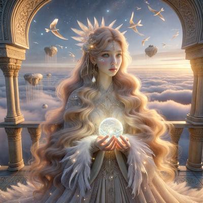 The primary subject of the image is a woman with long blonde hair, wearing a white dress and holding a crystal ball. She is standing in front of a backdrop featuring a sky with clouds and birds flying around. The visual style of the image is digital art, and the colors and mood are predominantly white and serene.